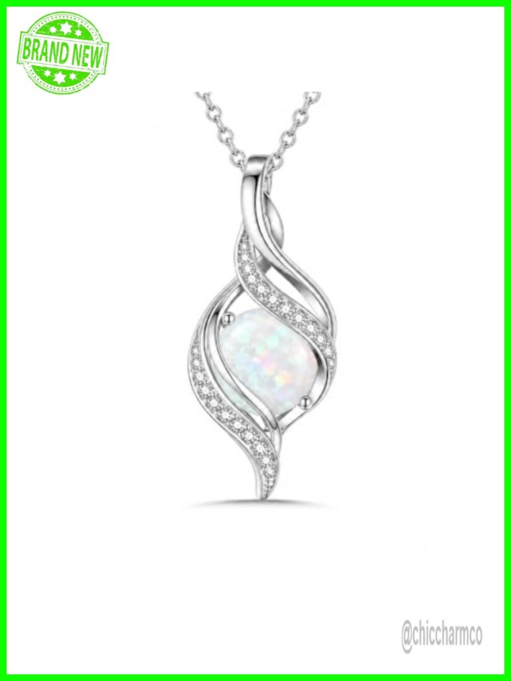 White Gold Plated Opal Swirl Teardrop Pendant Necklace Cubic Zirconia